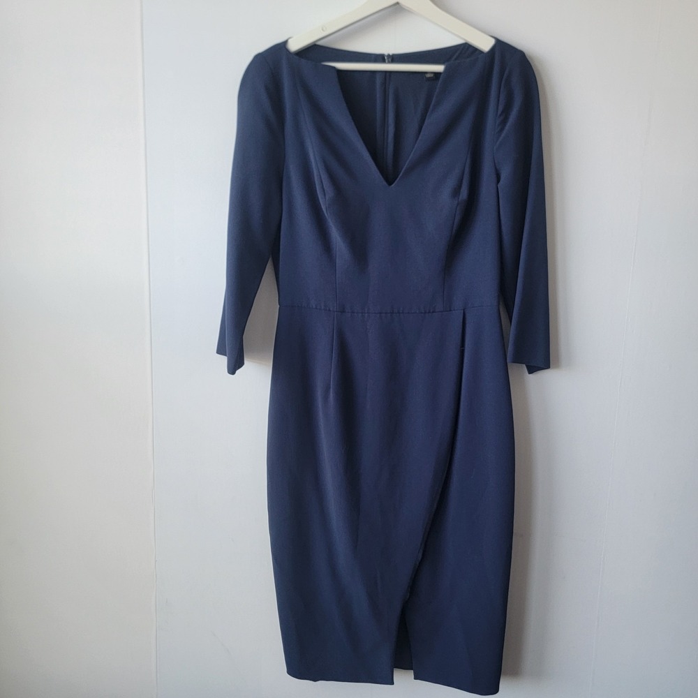 Black Halo women's Oklahoma sheath dress sz 10 faux-wrap front slit navy
